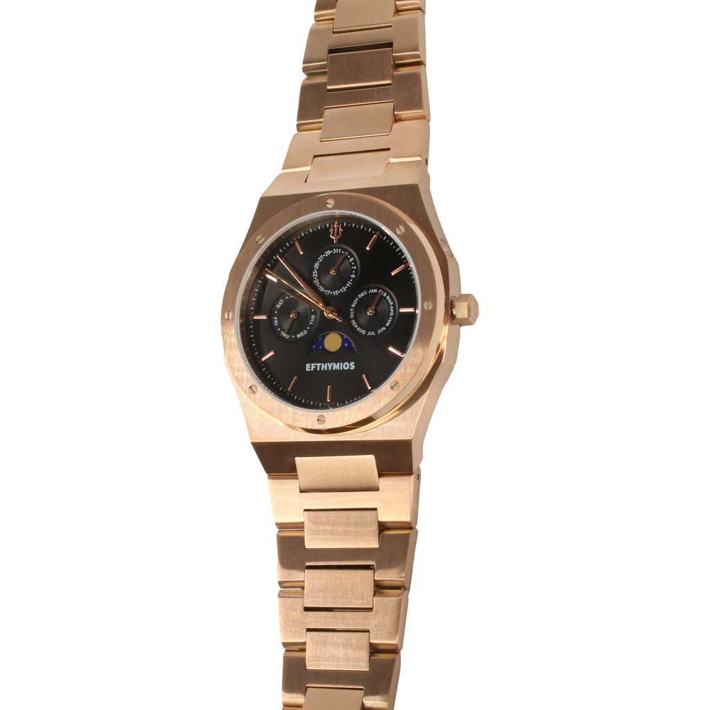 EFTHYMIOS Stainless Steel Horloge Rosé Goud-Zwart